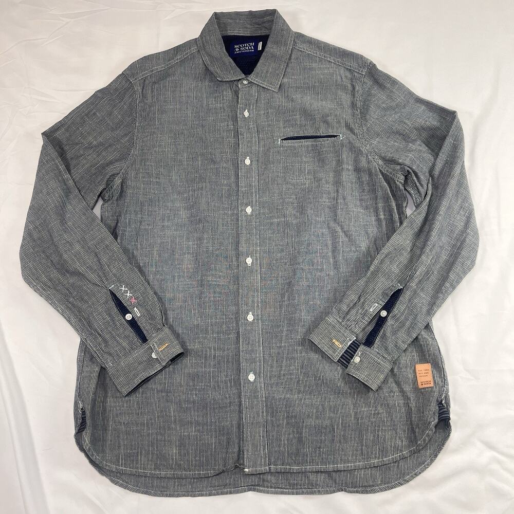 Scotch & Soda Shirt Mens Size L Blue Long Sleeve Button Down Roll Up Sleeve Tab
